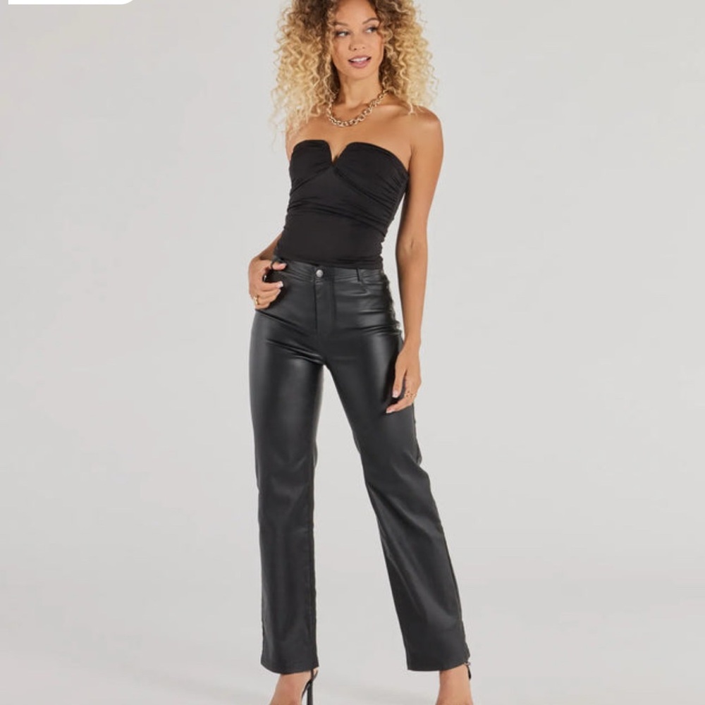 Elegant Black Strapless Top and Leather Pants